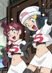  2girls :d ahoge beanie black_gloves black_hair boots braid braided_ponytail chloe_(pokemon) commentary_request cropped_jacket dawn_(pokemon) door elbow_gloves emphasis_lines eyelashes flower gloves green_eyes grey_eyes hainchu hair_flower hair_ornament hairclip hat highres indoors jacket logo long_hair looking_down multiple_girls navel open_mouth pokemon pokemon_(anime) pokemon_journeys skirt smile sweatdrop thigh_boots tongue white_headwear white_jacket white_skirt 