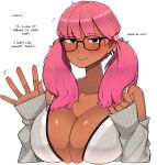  1girl blush bra breasts cleavage dark-skinned_female dark_skin ear_piercing english_text large_breasts long_hair looking_at_viewer ohasi original piercing pink_(ohasi) pink_hair simple_background solo sweater twintails underwear white_background 