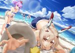  4girls absurdres all_fours alternate_costume ayanami_(azur_lane) azur_lane beach beach_volleyball bikini blue_bikini blue_eyes blue_skirt blurry blurry_background breasts brown_eyes cross_hair_ornament day dutch_angle falling flower gekka_(luna_gekka) hair_flower hair_ornament headgear highres javelin_(azur_lane) javelin_(beach_picnic!)_(azur_lane) laffey_(azur_lane) leaning_forward light_brown_hair long_hair looking_at_viewer manjuu_(azur_lane) medium_breasts medium_hair miniskirt multiple_girls official_alternate_costume outdoors pleated_skirt purple_hair red_bikini red_flower sand skirt standing summer swimsuit very_long_hair wading water z23_(azur_lane) z23_(breezy_doubles)_(azur_lane) 