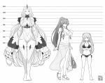  3girls abyssal_ship bikini breasts casual_one-piece_swimsuit claws clothing_cutout conte_di_cavour_(kancolle) conte_di_cavour_(swimsuit)_(kancolle) detached_sleeves flower greyscale hair_flower hair_intakes hair_ornament height_chart highres horns huge_breasts kantai_collection large_breasts long_hair monochrome multiple_girls navel official_alternate_costume one-piece_swimsuit ponytail sarong seaport_princess sidelocks single_horn stomach_cutout swimsuit tenshin_amaguri_(inobeeto) thighhighs very_long_hair yamato_(kancolle) yamato_kai_ni_(kancolle) yamato_kai_ni_(swimsuit)_(kancolle) 