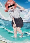  1girl :3 absurdres ahoge aruko_okara bar_censor beach black_skirt blue_sky blush censored cloud cloudy_sky dress_shirt fisheye full_body hair_tucking highres indie_virtual_youtuber leaning_forward low_twintails ocean open_mouth pink_hair pleated_skirt shirt shirt_tucked_in short_eyebrows short_sleeves short_twintails skirt skirt_hold sky smile solo splashing standing standing_on_one_leg thick_eyebrows tokumei_radio twintails wading waves white_shirt yashiro_(nsaf2544) 