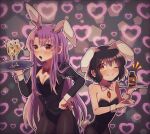 2girls absurdres animal_ears bare_shoulders black_hair black_leotard blazer blush bow bowtie breasts carrot_necklace champagne_flute cup detached_collar drinking_glass fishnet_pantyhose fishnets floppy_ears grey_background grin heart heart_background highres holding holding_tray inaba_tewi jacket jewelry konpota_(pixiv_113398422) leotard long_hair medicine medium_breasts multiple_girls necklace one_eye_closed open_mouth pantyhose pink_bow pink_bowtie pixel_heart playboy_bunny purple_hair rabbit_ears rabbit_tail red_bow red_bowtie red_eyes reisen_udongein_inaba short_hair small_breasts smile tail tailcoat touhou tray very_long_hair wrist_cuffs 