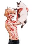  1boy 1other arm_up artist_name blonde_hair blood blood_on_chest blood_on_face blood_on_hands cat chainsaw_man claireiosity closed_eyes denji_(chainsaw_man) facing_another highres open_mouth sharp_teeth short_hair simple_background smile teeth topless_male white_background white_cat 