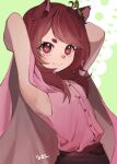  1girl animal_ears armpits arms_behind_head arms_up black_skirt borrowed_character breasts buttons cat_ears cloak commission cowboy_shot green_background heart heart-shaped_pupils highres long_hair namae_(areees) original petite pink_cloak pink_pupils pink_shirt red_eyes red_hair sapling second-party_source shirt shirt_tucked_in short_eyebrows side_part skirt sleeveless sleeveless_shirt small_breasts solo star_(symbol) sticker_on_face symbol-shaped_pupils 