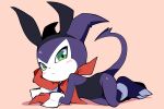  animal_ears black_leotard blush demon digimon digimon_(creature) fang full_body green_eyes impmon leotard looking_at_viewer pink_background playboy_bunny rabbit_ears simple_background strapless strapless_leotard yuzuaccident 