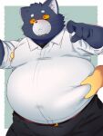  2023 anthro belly belly_grab big_belly blue_body bottomwear clothing domestic_cat duo felid feline felis groping_from_behind hi_res kemono male mammal moob_grab overweight overweight_male pants shirt solo_focus topwear trail_arnak 