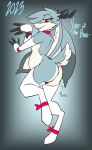  2023 absurd_res anthro antlers belly bow_tie buns butt clothing collar evening_gloves flat_colors hi_res horn jackalope kyle_(topazknight) lagomorph legwear male mammal pinup pose red_eyes simple_background stockings topazknight 
