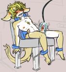 ankle_cuffs anthro apparatus blonde_hair blush bodily_fluids body_hair bukopanda chest_hair clenched_teeth cuff_(restraint) cum cum_inside eyebrow_piercing facial_piercing fish fucking_machine genital_fluids genitals gills hair hair_over_eye handcuffed handcuffed_to_bed handcuffs hi_res machine male marine metal_cuffs nipple_piercing nipples penis penis_pump piercing pumping_cum restraints shark shark_teeth solo submissive submissive_male teeth yellow_body