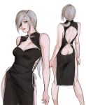  1girl ass backless_dress backless_outfit black_dress chainsaw_man china_dress chinese_clothes commentary cross-laced_dress dress english_commentary eyepatch grey_hair highres long_hair looking_at_viewer looking_away pelvic_curtain ponytail quanxi_(chainsaw_man) simple_background sudstance white_background 
