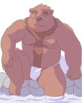  2023 anthro asian_clothing bear blush brown_body brown_nose clothing east_asian_clothing fundoshi japanese_clothing kemono male mammal misterdonn moobs nipples one_eye_closed sitting slightly_chubby solo tongue tongue_out underwear water white_clothing white_fundoshi white_underwear wink 