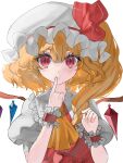  1girl absurdres ascot blonde_hair blush bow crystal crystal_wings ebi_mayopuri flandre_scarlet frilled_shirt_collar frills hair_between_eyes hand_up hands_up hat hat_ribbon highres looking_at_viewer mob_cap nail_polish puffy_short_sleeves puffy_sleeves red_bow red_eyes red_nails red_ribbon red_vest ribbon shirt short_hair short_sleeves side_ponytail simple_background solo touhou upper_body vest white_background white_shirt wings wrist_cuffs yellow_ascot 