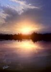  alu.m_(alpcmas) cloud cloudy_sky commentary_request highres lake mountainous_horizon nature no_humans original reflection reflective_water scenery signature sky sun sunset tree water 