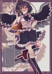  1girl absurdres black_bow black_bowtie black_hair black_skirt black_wings blush border bow bowtie camera feathered_wings foot_out_of_frame geta hand_on_own_hip hat hauchiwa highres holding holding_camera knees konpota_(pixiv_113398422) medium_hair purple_border red_eyes red_shoes shameimaru_aya shirt shoes skirt smug tassel tengu-geta tokin_hat touhou white_background white_shirt wings zoom_layer 