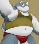  2023 anthro belly big_belly black_nose bulge canid canine canis clothing domestic_dog hi_res kemono male mammal meg_hoi moobs navel nipples overweight overweight_male shirt solo topwear underwear 