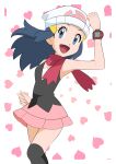  1girl :d absurdres beanie black_hair black_shirt dawn_(pokemon) eyelashes floating_hair floating_scarf grey_eyes hainchu hair_ornament hairclip hand_up happy hat heart highres long_hair open_mouth over-kneehighs pink_skirt poke_ball_print pokemon pokemon_(anime) pokemon_dppt_(anime) poketch scarf shirt skirt sleeveless sleeveless_shirt smile solo thighhighs tongue watch white_background white_headwear wristwatch 