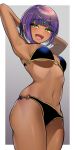  1girl :d alternate_costume arms_up bangs bikini black_bikini blunt_bangs bob_cut breasts commentary cowboy_shot dark-skinned_female dark_skin earrings from_below green_eyes highres hoop_earrings jewelry looking_at_viewer medium_breasts menat navel purple_hair sato_one1 short_hair smile solo street_fighter street_fighter_v swimsuit thighs tiara 