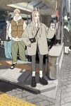  2girls 3boys bag black_coat black_footwear black_hair black_jacket blonde_hair brown_hair brown_vest chainsaw_man coat coffee_cup collared_shirt cup denji_(chainsaw_man) disposable_cup green_pants grey_coat handbag hands_in_pockets hayakawa_aki higashiyama_kobeni highres holding holding_cup hood hoodie horns jacket long_hair looking_afar looking_to_the_side multiple_boys multiple_girls open_mouth pants pantyhose plague_doctor_mask pointing pointing_to_the_side power_(chainsaw_man) red_horns shirt short_hair short_ponytail single_sidelock socks stairs takeuchi_ryousuke topknot vest violence_devil_(chainsaw_man) white_hoodie white_pants white_shirt white_socks 