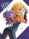  1girl arched_back bangs blonde_hair breasts brown_coat clothed_pokemon coat commentary_request cosplay cowboy_shot emma_(pokemon) emma_(pokemon)_(cosplay) espurr eyelashes gloves green_eyes hands_up highres jumpsuit kinocopro lillie_(pokemon) long_hair open_mouth orange_shirt outline pokemon pokemon_(creature) pokemon_(game) pokemon_sm pokemon_xy shirt teeth tongue twitter_username upper_teeth_only watermark white_background 