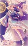  1girl absurdres blue_hat blue_sash blurry blush cherry_blossoms depth_of_field floral_print floral_print_kimono floral_print_paper_fan folding_fan frilled_kimono frills hand_fan hat highres holding holding_fan japanese_clothes kimono knees konpota_(pixiv_113398422) long_sleeves mob_cap moon okobo pink_eyes pink_hair platform_sandals print_kimono purple_background saigyouji_yuyuko sandals sash smile socks touhou triangular_headpiece veil white_socks white_veil 