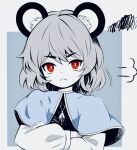  1341398tkrtr 1girl :&lt; animal_ears bangs blue_background blue_capelet bright_pupils capelet closed_mouth crossed_arms grey_hair highres jewelry looking_at_viewer mouse_ears mouse_girl nazrin pendant red_eyes short_hair solo squiggle touhou upper_body white_pupils 