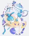  absurdres afloat alternate_color azumarill azurill black_eyes blue_ribbon blurry candy_wrapper closed_mouth commentary_request cup cyauken_(ouahloup) eevee highres lying no_humans on_back pokemon pokemon_(creature) pouring ribbon shiny_pokemon smile teacup teapot white_background 