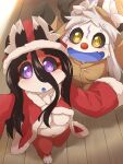  anthro belly black_hair black_sclera blue_mouth breasts canid canine christmas christmas_clothing christmas_headwear clothed clothing coat duo eyelashes fake_nose female fox fur hair hat headgear headwear hi_res high-angle_view holidays inside kemono kigurumi kuzure-chan mammal naturally_censored navel onesie open_clothing open_coat open_mouth open_topwear partially_clothed purple_eyes red_body red_fur red_nose reindeer_costume santa_hat topwear ukan_muri white_body white_fur white_hair wood_floor yellow_eyes young 
