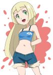  1girl :d alternate_costume aqua_shorts arms_behind_back bangs blonde_hair blue_shirt commentary_request eyelashes fur-trimmed_shorts fur_trim green_eyes hainchu highres lillie_(pokemon) long_hair open_mouth pokemon pokemon_(anime) pokemon_sm_(anime) shirt shorts sketch sleeveless sleeveless_shirt smile solo splatter_background tongue 