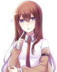  1girl bangs blue_eyes breasts brown_hair collared_shirt hair_between_eyes index_finger_raised long_hair long_sleeves looking_at_viewer makise_kurisu nishijou_myu open_mouth shirt simple_background sketch small_breasts solo steins;gate straight_hair upper_body very_long_hair white_background white_shirt wing_collar 