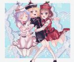  3girls absurdres black_dress black_hat blonde_hair blue_hair blurry blurry_background blush brown_eyes brown_hair buttons closed_eyes crescent crescent_hat_ornament dress feet_out_of_frame frilled_hat frills grabbing_another's_arm hat hat_ornament heart-shaped_mouth highres holding_another's_waist hug jumping konpota_(pixiv_113398422) lace_background light_particles long_sleeves lunasa_prismriver lyrica_prismriver merlin_prismriver multiple_girls musical_note_background open_mouth pink_hat pink_skirt pink_sleeves pink_vest red_hat red_shoes red_skirt red_vest shoes shooting_star_hat_ornament skirt smile socks star_(symbol) star_hat_ornament thighhighs touhou vest white_sleeves white_socks white_thighhighs yellow_eyes 