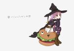  1girl arm_warmers bangs black_cape black_headwear black_shirt black_sleeves boots brown_footwear burger cape crop_top detached_sleeves fold-over_boots food full_body goo_ii hands_on_own_face hat looking_at_viewer magia_record:_mahou_shoujo_madoka_magica_gaiden magical_girl mahou_shoujo_madoka_magica medium_hair misono_karin parted_bangs pillow pleated_skirt purple_eyes purple_hair purple_thighhighs shirt simple_background sitting skirt solo striped striped_thighhighs thighhighs two_side_up white_background white_skirt witch_hat 