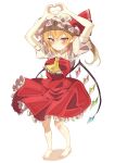  1girl absurdres ascot barefoot blonde_hair blush bow crystal crystal_wings flandre_scarlet frills full_body hair_between_eyes hat hat_ribbon heart heart_hands highres long_hair looking_at_viewer mob_cap puffy_short_sleeves puffy_sleeves red_eyes red_skirt red_vest ribbon seika_okawari shirt short_hair short_sleeves side_ponytail simple_background skirt skirt_set smile solo touhou vest white_background wings yellow_ascot 