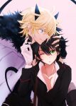  2boys ahoge animal_ears black_hair blonde_hair closed_mouth commentary fingerless_gloves fur_collar gloves green_eyes hand_on_another&#039;s_head high_collar hyakuya_mikaela hyakuya_yuuichirou long_sleeves male_focus multiple_boys one_eye_closed open_mouth owari_no_seraph partially_unbuttoned pointy_ears red_eyes short_sleeves signature tsukimori_usako white_gloves yaoi 