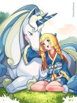  1girl :d alternate_color bangs blonde_hair blush braid commentary_request cosplay day detached_sleeves galarian_rapidash grass green_eyes hand_up highres japanese_clothes kimono kinocopro lillie_(pokemon) lisia_(new_year&#039;s_2023)_(pokemon) lisia_(new_year&#039;s_2023)_(pokemon)_(cosplay) long_hair open_mouth outdoors pleated_skirt pokemon pokemon_(game) pokemon_masters_ex pokemon_sm ribbon sash shiny_pokemon shoes sitting skirt smile socks tongue twin_braids twitter_username watermark 