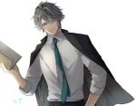  1boy ahoge alhaitham_(genshin_impact) alternate_costume artist_name bangs belt black_belt black_jacket black_pants blue_eyes blue_hair blue_necktie book closed_mouth collared_jacket collared_shirt formal genshin_impact grey_hair grey_shirt gyuogyuo hair_between_eyes hair_over_one_eye hand_in_pocket hand_up highres holding holding_book jacket long_sleeves looking_to_the_side male_focus multicolored_hair necktie open_book open_clothes open_jacket pants pocket shirt short_hair simple_background solo standing suit two-tone_hair v-shaped_eyebrows white_background wing_collar 
