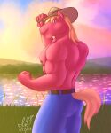  absurd_res anthro beard big_macintosh_(mlp) body_hair bottomwear chest_hair clothing cowboy_hat denim denim_clothing earth_pony equid equine facial_hair freckles friendship_is_magic hasbro hat headgear headwear hi_res horse inlustriusghost jeans looking_at_viewer male mammal morning muscular muscular_anthro muscular_male my_little_pony nipples pants pony river shirtless tail 
