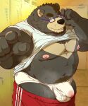  2023 anthro balls_outline bear black_body bodily_fluids bulge clothing eyewear genital_outline glasses hi_res humanoid_hands kemono locker_room male mammal musk overweight overweight_male penis_outline raichoclub solo sweat underwear 