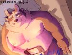  2023 anthro bed belly big_belly furniture game_console humanoid_hands lifewonders lying male moobs nipples overweight overweight_male pillow sato_afroleone solo tokyo_afterschool_summoners tsathoggua 