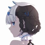  1girl absurdres black_hair blue_eyes bombinata_(punishing:_gray_raven) braid collar cyborg detached_collar from_behind hair_ornament hairclip highres lzypoipoi multicolored_hair punishing:_gray_raven two-tone_hair white_background white_collar white_hair 