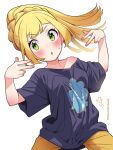  1girl :o bangs blonde_hair blush braid commentary_request cosplay eyelashes floating_hair green_eyes hands_up highres kinocopro legs_apart lillie_(pokemon) long_hair looking_at_viewer parted_lips pokemon pokemon_(game) pokemon_sm pokemon_xy shirt short_sleeves shorts solo sweatdrop t-shirt tierno_(pokemon) tierno_(pokemon)_(cosplay) twitter_username watermark yellow_shorts 