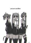  3girls ahoge akita_neru alternate_eye_color antenna_hair bare_shoulders black_eyes black_skirt black_sleeves black_thighhighs blank_stare buttons cellphone chromatic_aberration collared_shirt detached_sleeves drill_hair feet_out_of_frame flip_phone greyscale hair_between_eyes hair_ornament hatsune_miku highres holding holding_phone kasane_teto light_smile long_hair looking_at_viewer monochrome multiple_girls necktie o_o phone seibutsu_(kaibu23_seibutu) shirt side_ponytail signature skirt thighhighs triple_baka_(vocaloid) twin_drills twintails utau vocaloid white_background you_are_an_idiot_(virus) 