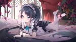  1girl absurdly_long_hair apron aris_(blue_archive) aris_(maid)_(blue_archive) black_dress black_hair black_wrist_cuffs blue_archive blue_eyes blue_ribbon blush closed_mouth collared_dress commentary contrast_collar curtains dress feet_up flower frilled_apron frilled_pillow frills hand_on_own_arm high_ponytail highres indoors long_hair long_sidelocks looking_at_viewer lying maid maid_apron maid_headdress making-of_available neck_ribbon no_halo no_shoes official_alternate_costume official_alternate_hairstyle on_bed on_stomach pantyhose parted_bangs pillow pink_petals ponytail puffy_short_sleeves puffy_sleeves ribbon short_sleeves sidelocks signature smile soles solo split_mouth teeth_bro the_pose toes very_long_hair white_apron white_headdress white_pantyhose window wrist_cuffs 