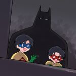  3boys :d batman batman_(series) black_hair brothers bruce_wayne cape child cropped cropped_torso dc_comics deformed dick_grayson domino_mask father_and_son happy hwen118 jason_todd mask multiple_boys polar_opposites robin_(dc) siblings simple_background smile superhero_costume waving yellow_cape 