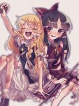  2girls :d absurdres arm_up ascot bandaid bandaid_on_cheek bandaid_on_face black_hair black_skirt black_vest blonde_hair bloomers blurry blush braid brown_eyes burnt_clothes buttons closed_eyes depth_of_field detached_sleeves feet_out_of_frame gohei hair_tubes hakurei_reimu highres holding holding_gohei holding_weapon injury kirisame_marisa knees knees_up konpota_(pixiv_113398422) long_hair midriff_peek mini-hakkero multiple_girls navel no_headwear open_mouth red_ribbon red_shirt red_skirt ribbon shirt single_braid sitting skirt smile sweatdrop torn_clothes touhou vest weapon white_background yellow_ascot 