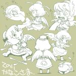  1girl aged_down commentary_request cotton_swab feathered_wings full_body multiple_views onikobe_rin open_mouth shirt short_hair simple_background sitting skirt standing touhou translation_request wings yasaka_kanako 