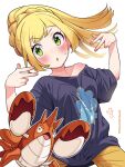  1girl :o bangs blonde_hair blush braid commentary_request corphish cosplay eyelashes floating_hair green_eyes hands_up highres kinocopro lillie_(pokemon) long_hair looking_at_viewer outline parted_lips pokemon pokemon_(creature) pokemon_(game) pokemon_sm pokemon_xy shirt short_sleeves shorts sweatdrop t-shirt tierno_(pokemon) tierno_(pokemon)_(cosplay) twitter_username watermark yellow_shorts 