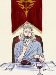  1boy banner blonde_hair chair closed_eyes commentary_request cup drinking_glass eating fork full_frontal gundam gundam_unicorn highres holding holding_fork holding_utensil male_focus neo_zeon notesaihahi on_chair open_mouth sitting solo table_knife wine_glass 