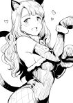  1girl animal_ears_helmet animal_helmet bell blush breasts cat_helmet cat_tail elbow_gloves fishnet_pantyhose fishnets from_side gloves greyscale heart highres idolmaster idolmaster_million_live! leotard long_hair looking_to_the_side miyao_miya monochrome neck_bell open_mouth pantyhose paw_pose simple_background solo standing strapless strapless_leotard tail tsurui white_background 