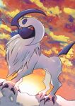  absol bright_pupils claws cloud commentary_request from_below looking_down no_humans outdoors pokemon pokemon_(creature) red_eyes sky solo standing twilight white_pupils zeroartwo 
