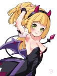 1girl adjusting_hair armlet armpits arms_up bangs black_dress black_hairband blonde_hair blush breasts cleavage closed_mouth commentary_request cosplay dress eyelashes fake_horns green_eyes hairband highres horns iris_(fall_2022)_(pokemon) iris_(fall_2022)_(pokemon)_(cosplay) iris_(pokemon) kinocopro lillie_(pokemon) long_hair pokemon pokemon_(game) pokemon_masters_ex pokemon_sm simple_background smile solo white_background wrist_cuffs 