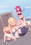  angelchama bare_shoulders bikini blonde_hair blue_eyes blunt_bangs blush breasts cleavage cloud collarbone girl_on_top hair_ornament heterochromia highres hololive hololive_english horns irys_(hololive) irys_(holonatsu_paradise)_(hololive) large_breasts long_hair multicolored_hair multiple_girls navel ninomae_ina&#039;nis ninomae_ina&#039;nis_(holonatsu_paradise) open_mouth orange_hair outdoors pointy_ears purple_eyes purple_hair red_hair shiranui_flare sky streaked_hair swimsuit very_long_hair virtual_youtuber white_bikini wings 